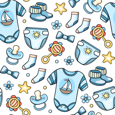 Seamless pattern with blue clothes and accessories for baby boy. Hand drawn vector background.のイラスト素材