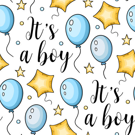 Seamless pattern with blue and yellow air balloons for baby boy. Hand drawn vector background. Baby shower.のイラスト素材