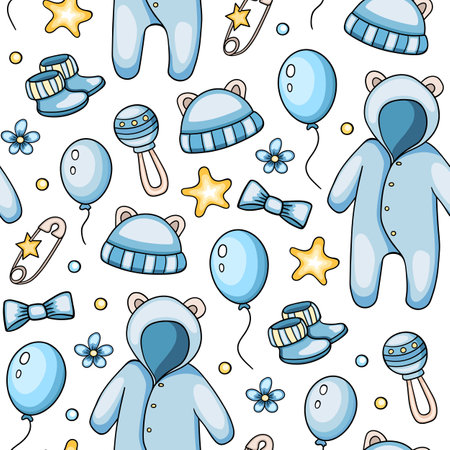 Seamless pattern with blue baby clothes and accessories for baby boy. Hand drawn vector background.のイラスト素材
