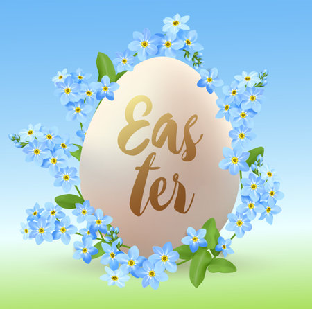 Decorative Easter egg and blue flowers. Greeting card for Easter. Vector illustration.のイラスト素材
