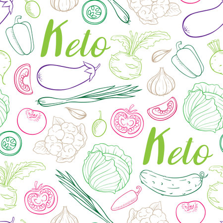 Seamless pattern with vegetables for the keto diet.  Low carb food for ketogenic diet. Hand drawn vector doodle illustrations.のイラスト素材