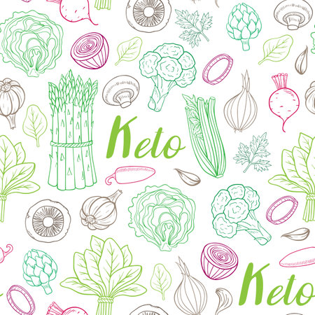 Seamless pattern with vegetables for the keto diet.  Low carb food for ketogenic diet. Hand drawn vector doodle illustrations.のイラスト素材
