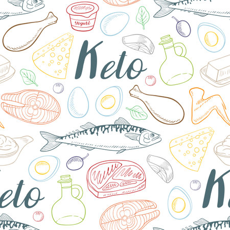 Seamless pattern with products for the keto diet.  Low carb food for ketogenic diet. Hand drawn vector doodle illustrations.のイラスト素材