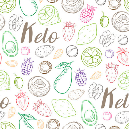 Seamless pattern with fruit and nut for the keto diet.  Low carb food for ketogenic diet. Hand drawn vector doodle illustrations.のイラスト素材