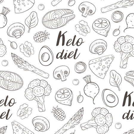 Seamless pattern with products for the keto diet.  Low carb food for ketogenic diet. Hand drawn vector doodle illustrations.のイラスト素材