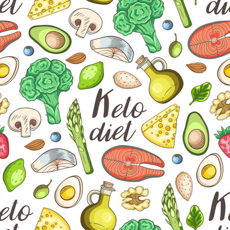 Seamless pattern with products for the keto diet.  Low carb food for ketogenic diet. Hand drawn vector doodle illustrations.のイラスト素材
