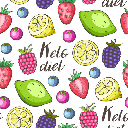 Seamless pattern with fruits and berries for the keto diet.  Low carb food for ketogenic diet. Hand drawn vector doodle illustrations.のイラスト素材
