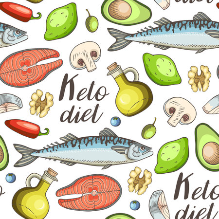 Seamless pattern with products for the keto diet.  Low carb food for ketogenic diet. Hand drawn vector doodle illustrations.のイラスト素材
