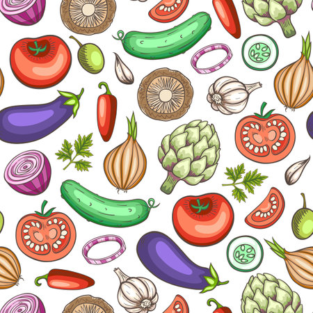 Seamless pattern with vegetables for the keto diet.  Low carb food for ketogenic diet. Hand drawn vector doodle illustrations.のイラスト素材
