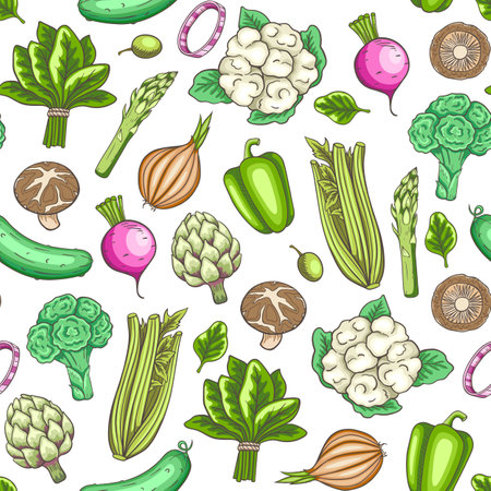 Seamless pattern with vegetables for the keto diet.  Low carb food for ketogenic diet. Hand drawn vector doodle illustrations.のイラスト素材