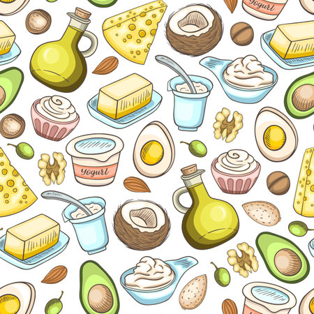 Seamless pattern with products for the keto diet, fats and proteins.  Low carb food for ketogenic diet. Hand drawn vector doodle illustrations.のイラスト素材