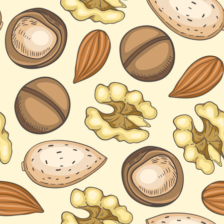Seamless pattern with almond, walnut and macadamia. Hand drawn vector backgroundのイラスト素材