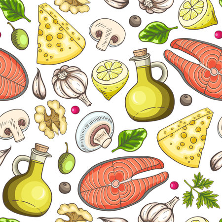 Seamless pattern with salmon steak and cooking ingredients. Hand drawn vector backgroundのイラスト素材