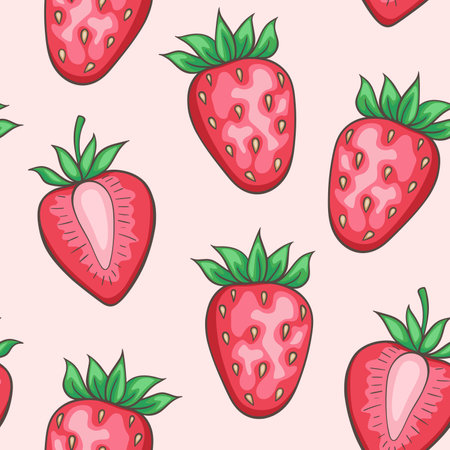 Seamless pattern with sweet red strawberry on a pink background. Hand drawn vector illustrationのイラスト素材