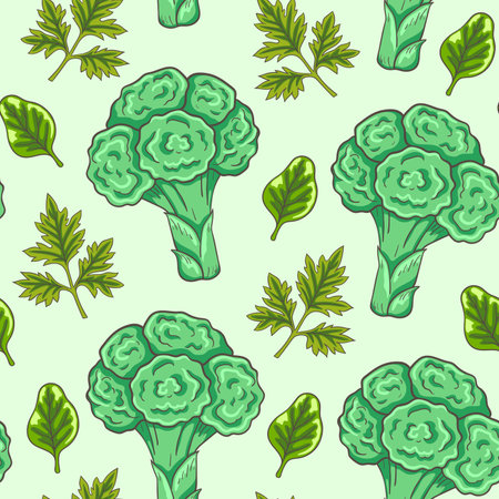 Seamless pattern with broccoli, parsley and spinach on a green background. Hand drawn vector illustration. Vegan and vegetarian food concept.のイラスト素材