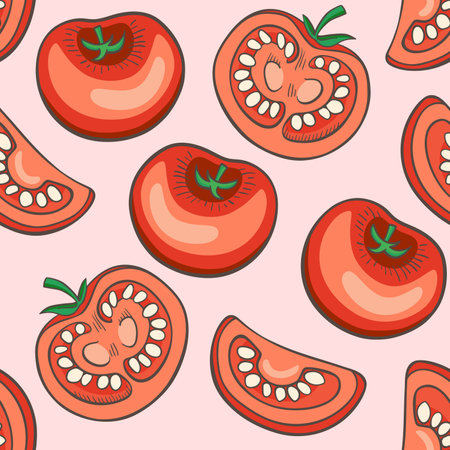 Seamless pattern with red tomato on a pink background. Hand drawn vector illustrationのイラスト素材