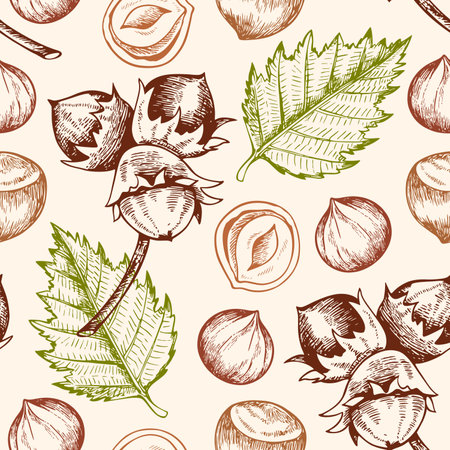 Vintage hand drawn seamless pattern with hazelnuts. Vector illustrations.のイラスト素材