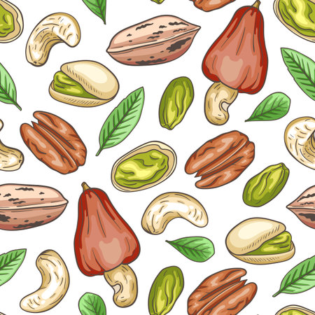 Hand drawn seamless pattern with pecan nuts, cashew and pistachio. Vector background with nuts and green leavesのイラスト素材