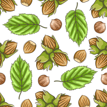 Hand drawn seamless pattern with hazelnuts. Vector background with nuts and green leavesのイラスト素材
