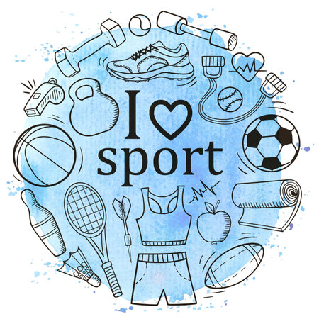 Hand drawn doodle fitness and sport blue round banner. Healthy lifestyle concept. Vector illustrationのイラスト素材
