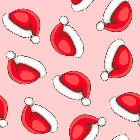 Festive Christmas seamless pattern with Santa Claus hat. Hand drawn doodle vector backgroundのイラスト素材