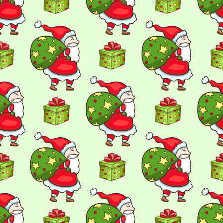 Festive Christmas seamless pattern with Santa Claus and Christmas gifts. Hand drawn doodle vector backgroundのイラスト素材