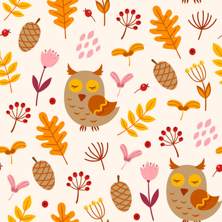 Autumn seamless pattern with cute owl and falling oak leaves. Decorative vector background.のイラスト素材