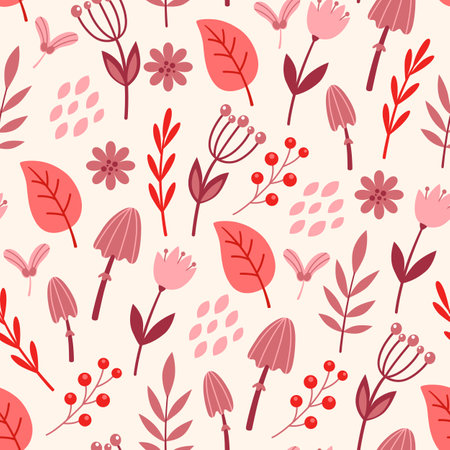 Autumn seamless pattern with flowers and falling leaves. Decorative floral vector background.のイラスト素材