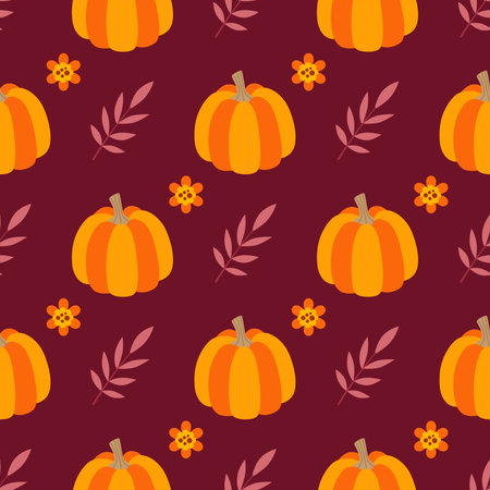 Autumn seamless pattern with pumpkins and falling leaves. Decorative vector background.のイラスト素材