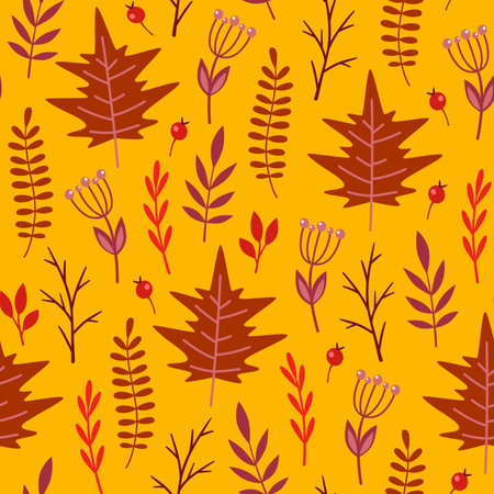 Autumn seamless pattern with flowers and falling leaves. Decorative vector background.のイラスト素材
