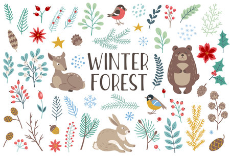 Set of decorative winter floral and animals design elements. Vector illustration. Winter forest plantsのイラスト素材