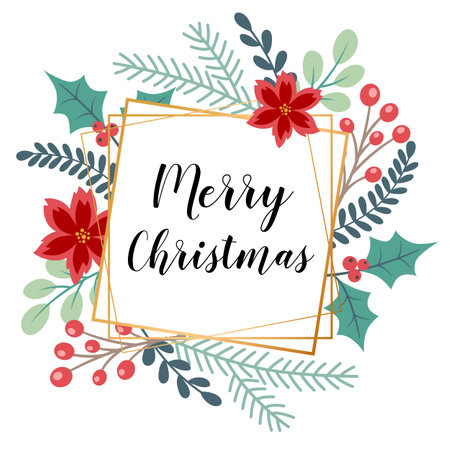Decorative vector Christmas floral frame with evergreen plants, flowers and leaves. Design for new year and Christmas greeting card.のイラスト素材