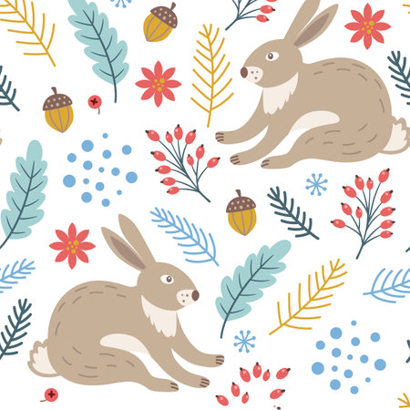 Decorative winter seamless pattern with green branch, acorn and rabbit. Vector backgroundのイラスト素材