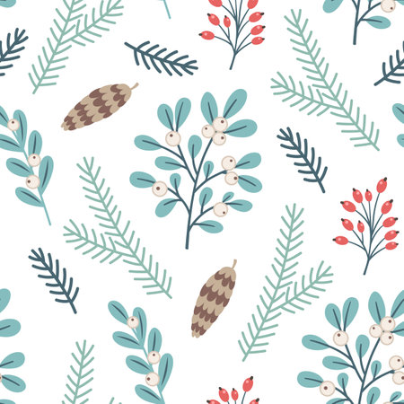 Decorative winter seamless pattern with fir branch, berry and pine cone on a white background. Vector backgroundのイラスト素材