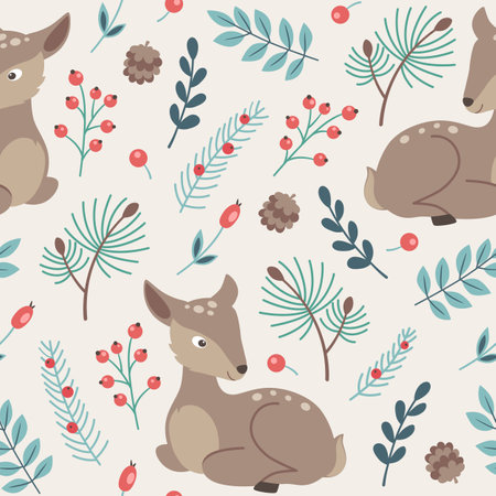 Decorative winter seamless pattern with green branch, berry and deer. Vector backgroundのイラスト素材