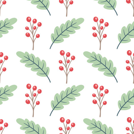 Decorative winter seamless pattern with green oak leaves and red berry on a white background. Vector backgroundのイラスト素材