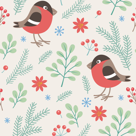 Decorative winter seamless pattern with fir branch, berry and bullfinch. Vector backgroundのイラスト素材