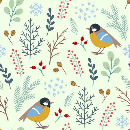 Decorative winter seamless pattern with fir branch, berry and bird. Vector backgroundのイラスト素材