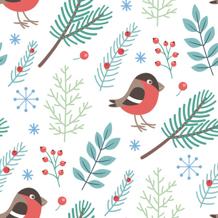 Decorative winter seamless pattern with fir branch, berry and bullfinch. Vector backgroundのイラスト素材
