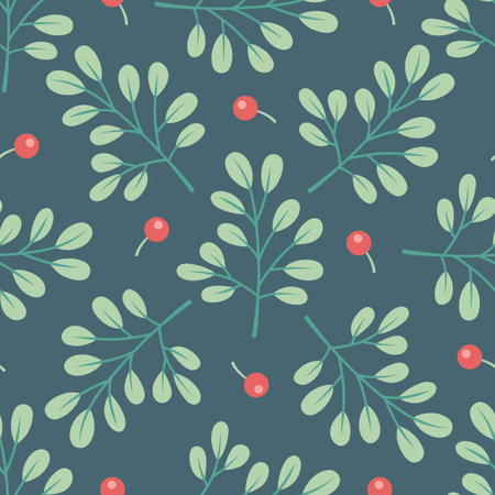 Decorative winter seamless pattern with mistletoe on a green background. Vector backgroundのイラスト素材