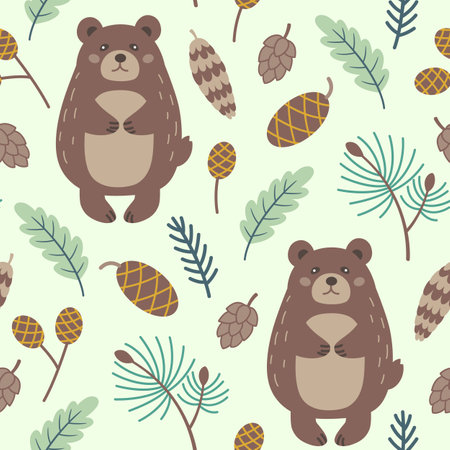 Decorative winter seamless pattern with green branch, pine cone and bear. Vector backgroundのイラスト素材