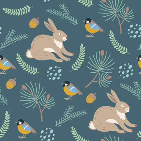 Decorative winter seamless pattern with green fir branch, acorn and rabbit. Vector backgroundのイラスト素材