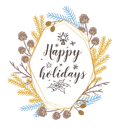 Decorative vector Christmas floral background with evergreen plants and text. Design for new year and Christmas greeting card. Festive floral frameのイラスト素材