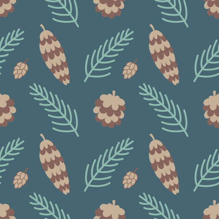 Decorative winter seamless pattern with fir branch and pine cone on a green background. Vector floral backgroundのイラスト素材
