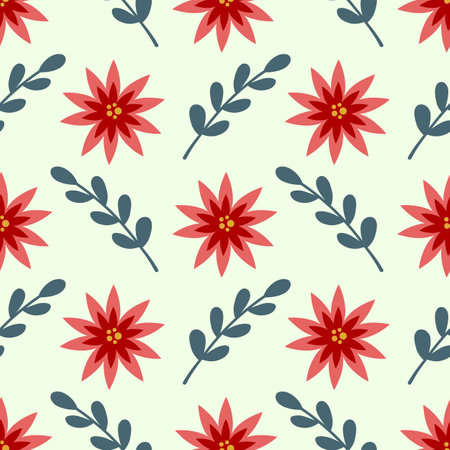 Decorative winter seamless pattern with green branch and red poinsettia flowers. Vector floral backgroundのイラスト素材