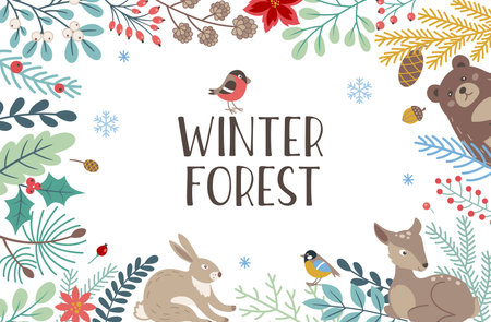 Decorative winter background with evergreen plants, deer, bear and lettering on a white background. Christmas and New year design.のイラスト素材