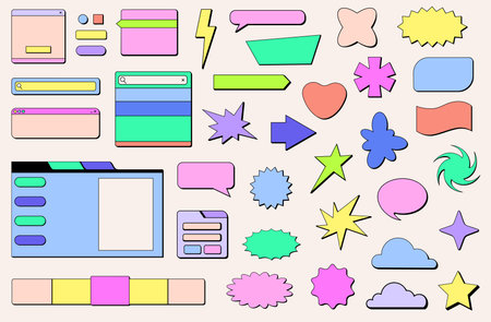 Design and web design elements in retro neo brutalism style. Simple trendy shapes and forms with shadow.  Vector illustrations. Y2K style, minimalist geometric elements.のイラスト素材