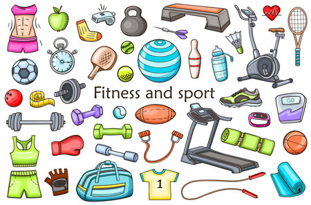 Hand drawn doodle fitness and sport design elements. Healthy lifestyle concept. Vector illustrationのイラスト素材
