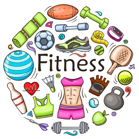 Hand drawn doodle fitness and sport round banner. Healthy lifestyle concept. Vector illustrationのイラスト素材