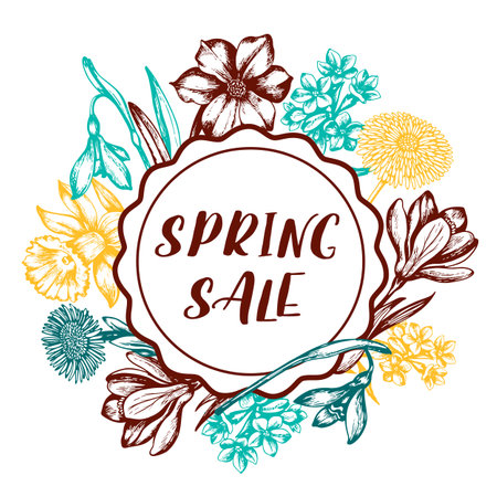 Vintage round label with spring flowers. Hand drawn vector illustrationのイラスト素材